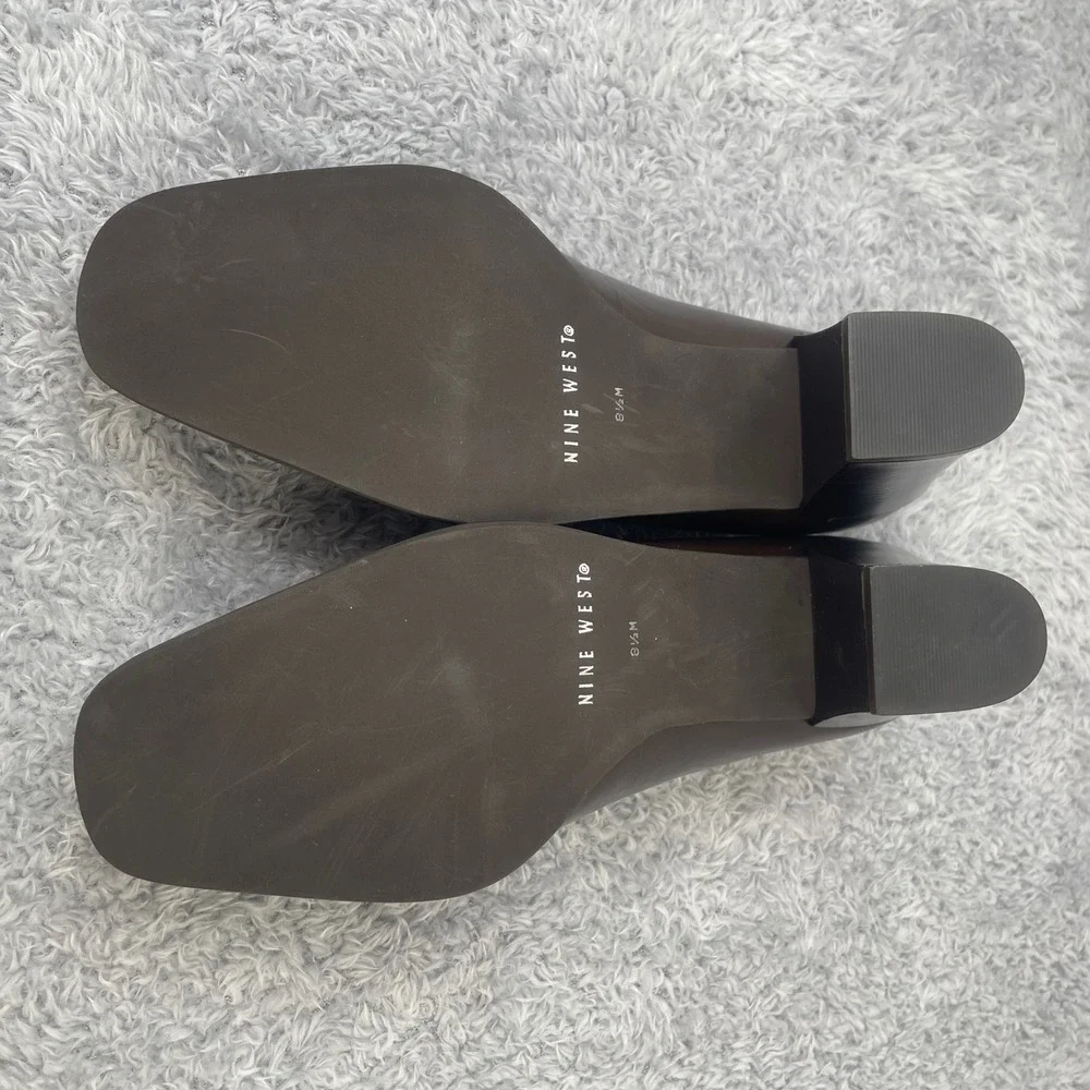 Nine West Ravon Loafers Women 8.5 Brown Leather Block‎ Heel Square Toe Brazil